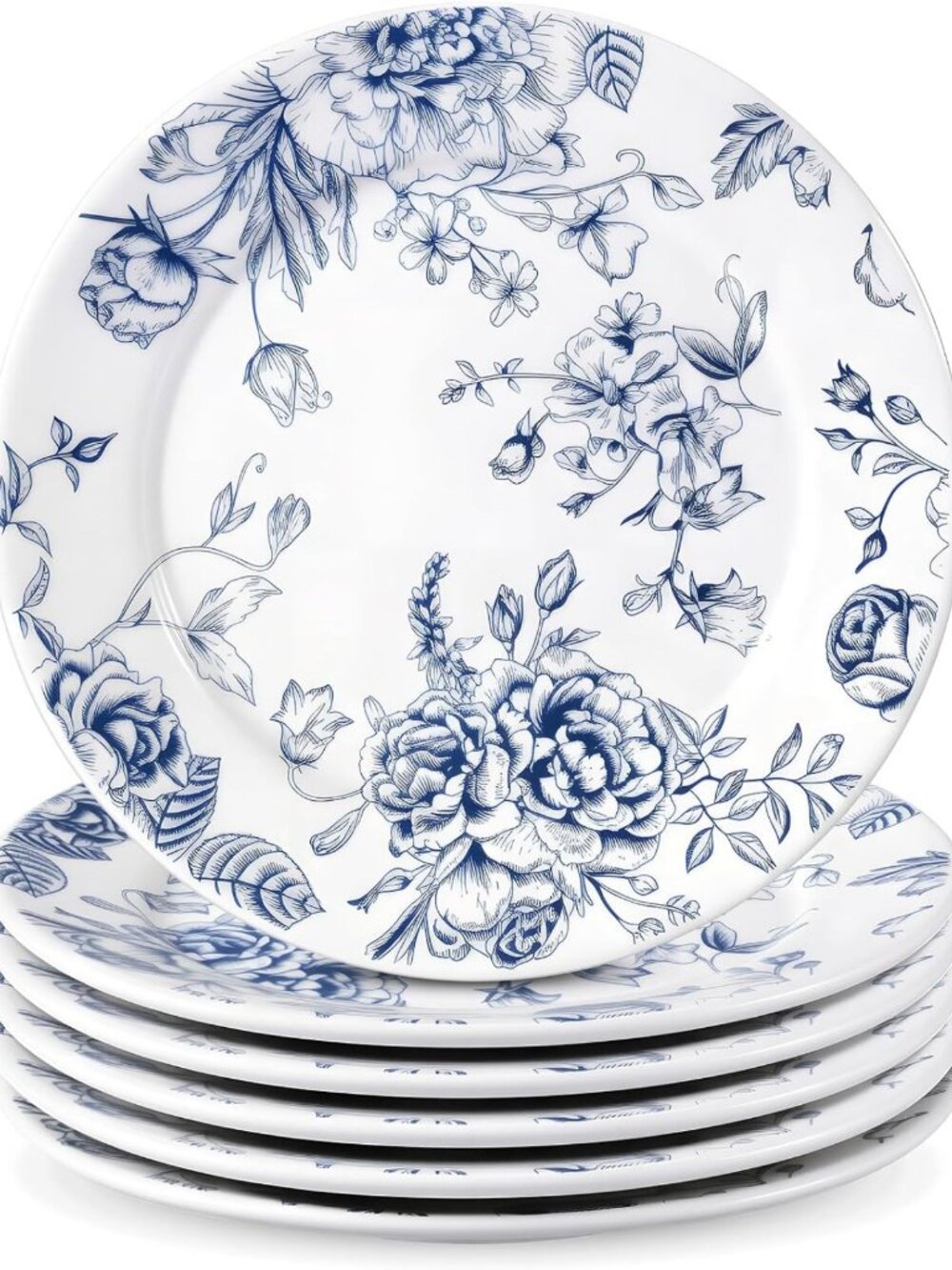 Set of 6 Blue Floral Ceramic Dessert Plates - 6-Inch, Elegant Tableware